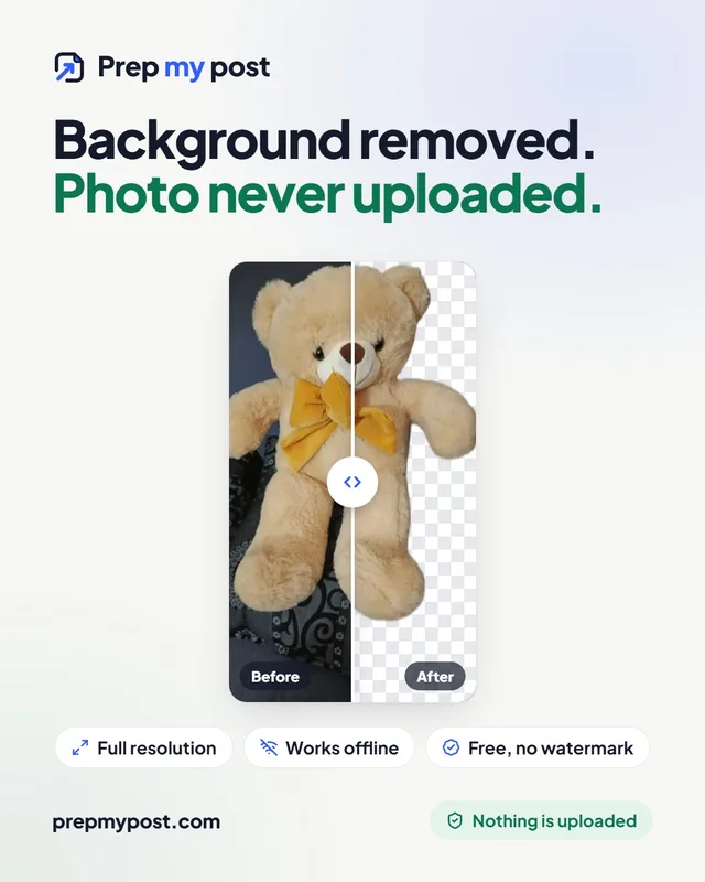 A teddy bear photo split down the middle: on the left the original with a cluttered background, on the right the same teddy cut out on a transparent background, removed in the browser at full resolution without uploading the photo.